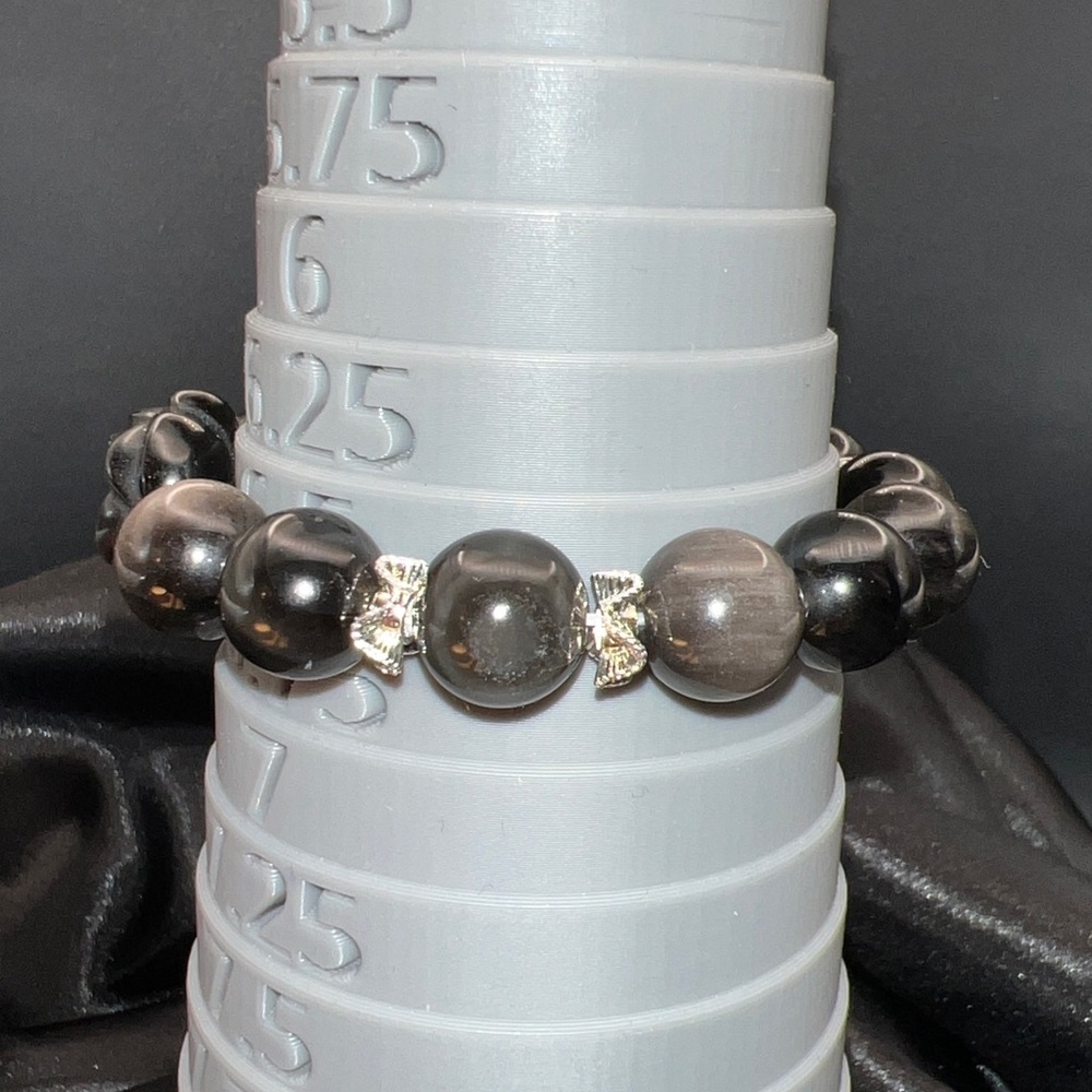 High Quality Silver Sheen Obsidian Stretch Bracelet HANDMADE Double Sided Flower - Picture 4 of 12